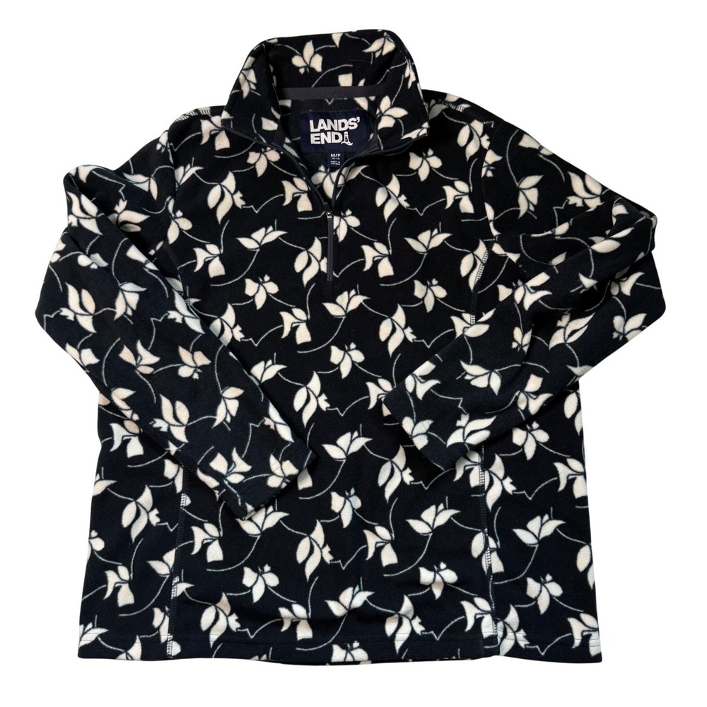 Lands End Womens M Petite 10-12 Black White Floral Leaf Fleece 1/4 Zip Pullover